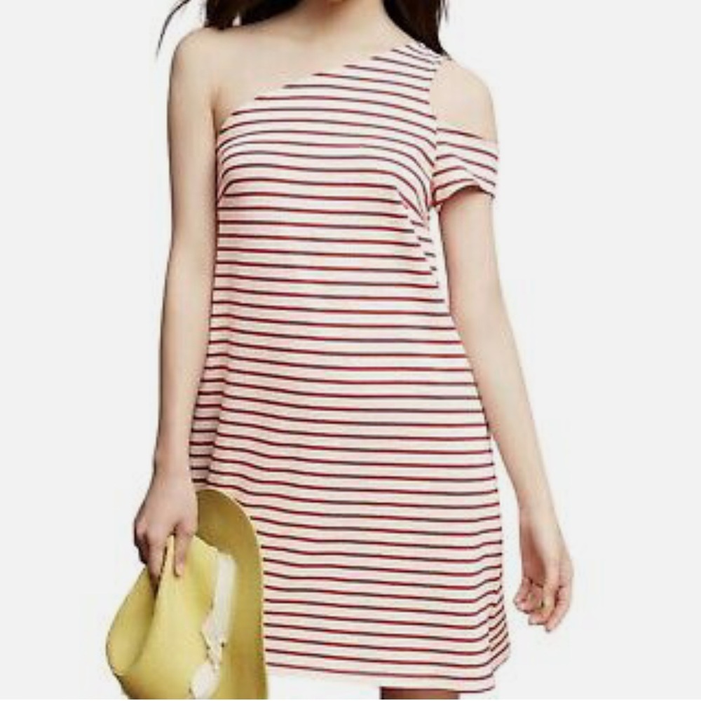 Maeve Anthropologie one shoulder striped mini dress